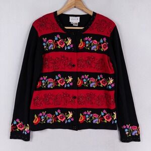 Vtg Just B Cardigan Sweater Sz Medium Black Red Floral Embroidered Maximalist